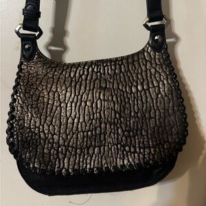 Black leather crossbody exotic embossed metallic detail gold hardware (OrYany)